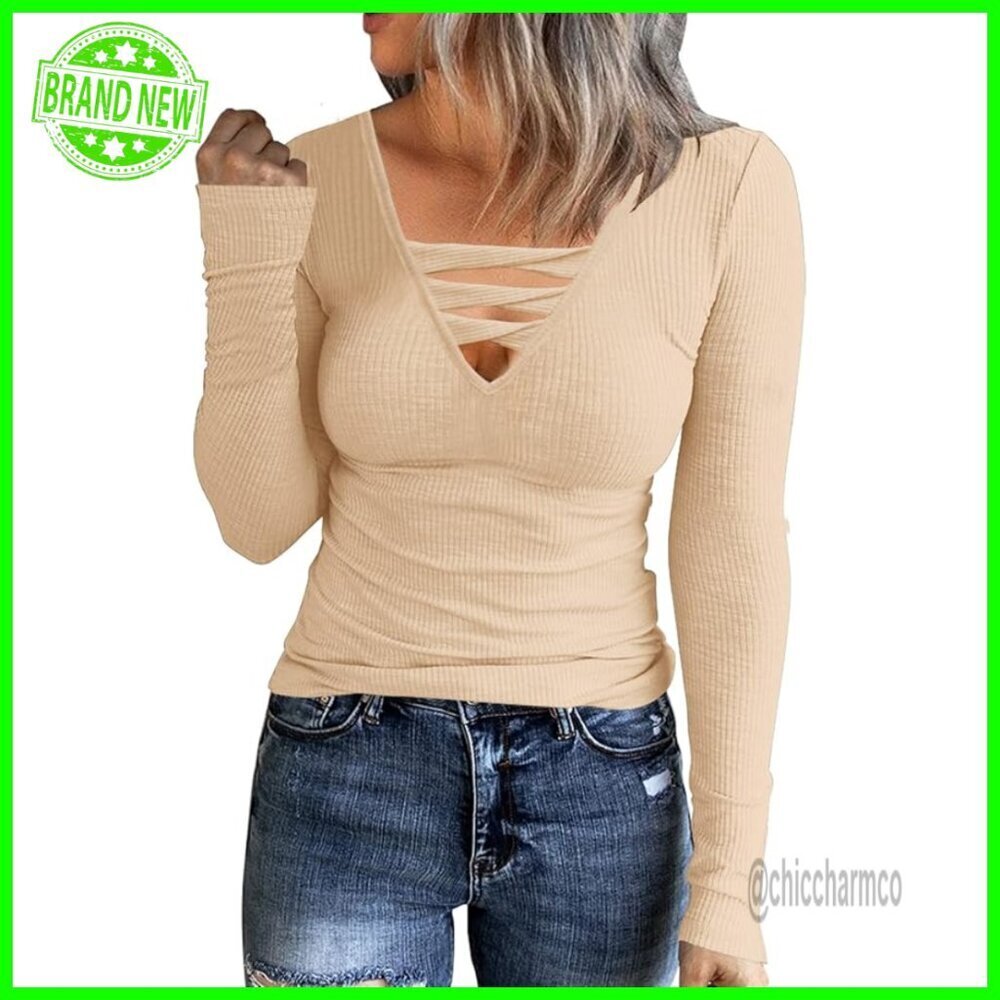 Long Sleeve V-Neck Ribbed Tunic Top Slim Fit Casual Blouse